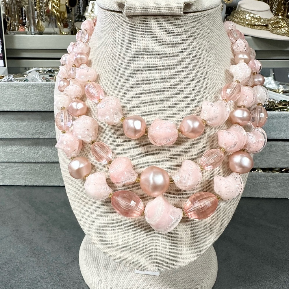 Vintage Chucky Pink Lucite Necklace Beaded Three Strand Retro Statement Spring